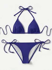 Women's Simple Solid Color Swim Bikini With A Halter Neck And Cutout, Suitable For Beach Vacations And Summer. - Navy Blue - View 1