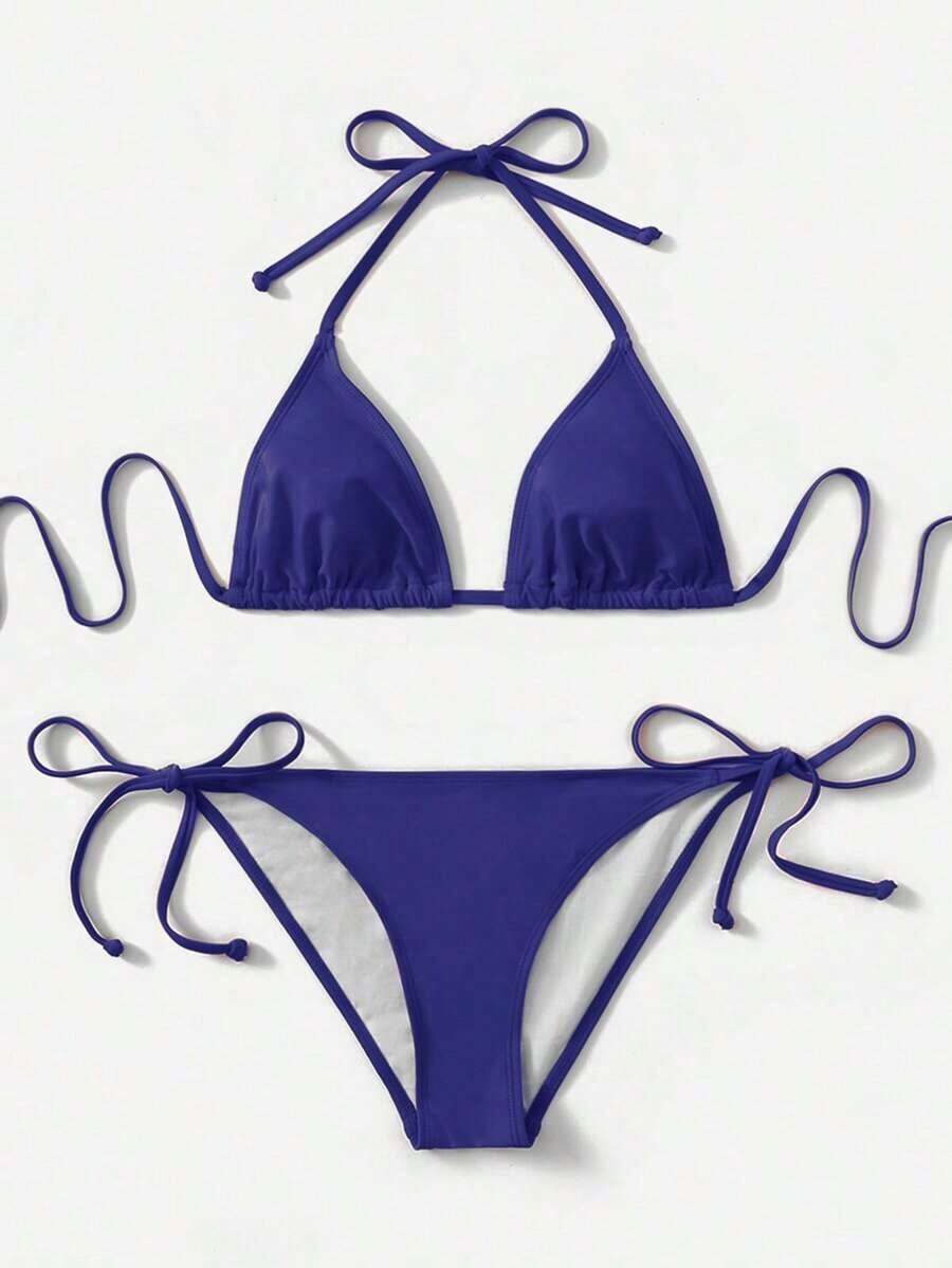 Women's Simple Solid Color Swim Bikini With A Halter Neck And Cutout, Suitable For Beach Vacations And Summer. - Navy Blue - View 1