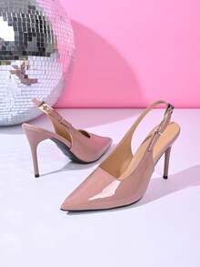 1 Pasang Sandal Gesper Kulit PU Elegan, Cocok untuk Pesta, Kantor, Pernikahan, Musim Semi/Panas, Ujung Terbuka, Hak Mengkilap - Dusty Pink - View 6