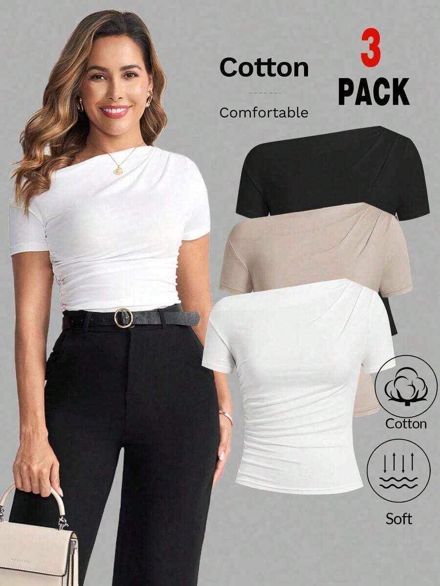Camiseta de punto elástica de unicolor con hombro asimétrico y manga corta fruncida, multicolor, estilo carnavalesco, elegante para primavera/verano para mujeres - Albaricoque - Ver 1