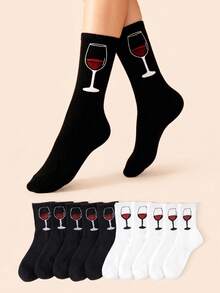 5/10 Pairs Women Socks, Minimalist Black White Wine Glass Graphic Casual Mid-Calf Socks, Versatile Solid Color, Spring/Summer - Multicolor - View 14