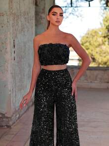Set de 2 piezas: Pantalones elegantes con lentejuelas brillantes y top tubo corto con flores 3D, perfecto para boda de verano, fiesta en la playa o una encantadora cita nocturna, Día de San Valentín - Negro - Ver 3
