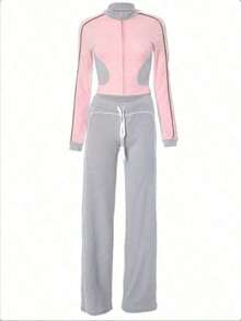 Winter Outfit,Date Night Look,Valentine's Day,Women Fashion Color Block Hooded Zip Up Top With Drawstring Casual Lounge Pants Set - Pink - View 5