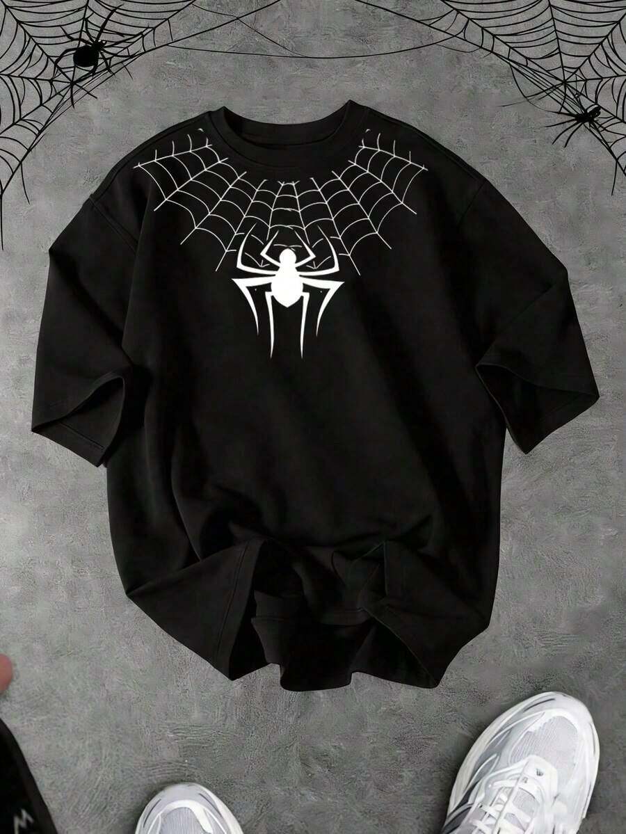 1 pieza RISE LYT Camiseta Deportiva de Manga Corta con Cuello Redondo y Estampado Botánico para Hombre, para Ropa de Entrenamiento de Verano, Camisetas y Camisetas sin Mangas para Correr, Camiseta Negra, Camiseta con Estampado de Araña, 210g 100% Algodón, los diseños están completamente impresos. Unisexo. - Negro - Ver 1
