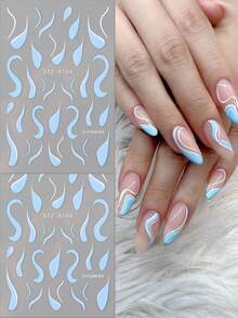 2pcs/Pack 3D Line Nail Art Stickers, Self-Adhesive Nail Decoration, Blue And White Water Ripple Line Pattern, French Line Nail Art Stickers, Suitable For Women Or Nail Salon Use - Multicolor - View 4