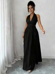 Elegante vestido sin mangas con cuello en V, diseño hueco en la cintura y pliegues, color morado, nueva llegada de primavera/verano - Negro - Ver 5