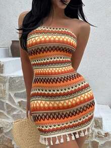 Vestido fruncido con diseño sin tirantes, cintura entallada y dobladillo con flecos en un estilo patchwork de colores, con aire sexy y de europea y americana para vacaciones - Multicolor - Ver 6