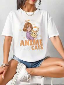 Solo Una Chica Que Ama El Anime Y Los Gatos, Dibujo De Manga Para Mujeres, Camiseta 100% Algodón 001 - Estilo Urbano Vintage, Unisex, Camiseta De Manga Corta De Algodón Suelto Con Cuello Redondo - Blanco - Ver 4
