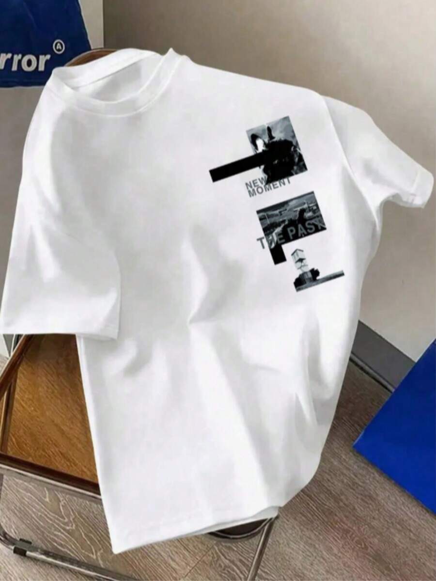 Men's Black Short-Sleeved T-Shirt, Locally Made, Pure Cotton, With A Modern And Creative Print, Made With High-Quality Fabric. - 白色 - 查看 1