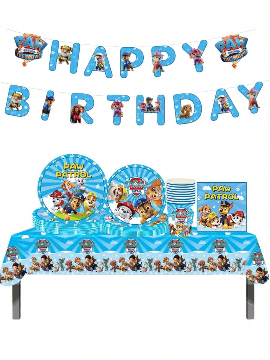 Paw Patrol 1/10/20/52 قطعة/مجموعة مستلزمات ديكور حفلة عيد ميلاد كرتون باو باترول باللون الأزرق، أطباق ورقية وأعلام وسحب وأدوات مائدة، مجموعة ديكور لفعالية مهرجان
