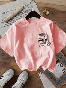 2026 New Casual Round Neck T-Shirt, Summer Staple [Double-Sided Print] Women's Fashion Top, Women's Summer Wear, Simple Style, Coffee Machine, Coffee Cup, Line Art Print, Round Neck Pure Cotton Short Sleeve T-Shirt, Soft Crew Neck Short Sleeve, Daily Wear - 粉紅色 - 查看 2