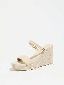 Women's Wedge Thick Bottom Sandals, Woven Straw Rope, Minimalist Strap Two-Way Wear Round Toe High Heel Slides,Summer Sandals - Apricot - View 9