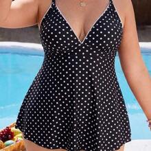 Swim Mod Plus Size Women's Polka Dot Print Deep V-Neck Ruffle Top Paired With Regular Trousers, Flattering Silhouette Beach Atmosphere Women's Swimwear Set - Multicolor - Ver 10