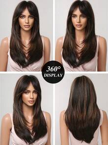 Perruque brune de 24 pouces avec mèches, convenant à la coupe de cheveux papillon. Perruque synthétique à la mode avec frange sur le côté pour femmes. Cheveux longs et lisses, perruque synthétique sans couture pour un port quotidien, festivals de musique, Halloween, Noël, cosplay et fêtes. Apparence naturelle et réaliste. - Mettre en surbrillance le marron - Voir 8