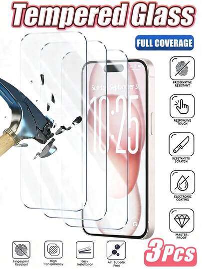 适用于 17 Pro Max 的 3 片装钢化玻璃屏幕保护膜。必备屏幕保护膜，适合日常、办公和居家使用。防水、防震、防刮、防指纹、全覆盖，并兼容手机壳。