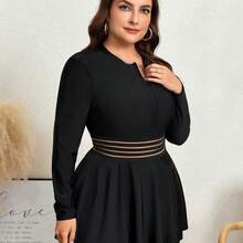 Swim  Summer Beach Plus Size Zipper Closure Long Sleeve Vest-Style Tankinis - Negro - Ver 7