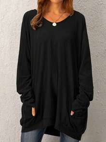 Nueva sudadera talla grande, diseño de ajuste holgado para efecto estilizante, color negro, tela de punto con acabado cepillado para un ambiente de ropa de calle, adecuada para vacaciones, citas, entrevistas, graduaciones, Día de la Madre, unisex - Negro - Ver 5