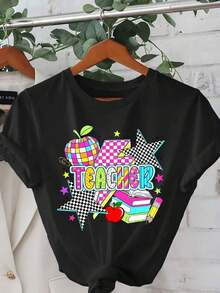 1 pieza - Camiseta con estampado gráfico "Teacher" - Cuello redondo casual, manga corta, top de verano y primavera para mujer, blanca con diseño colorido de manzanas y libros, ropa casual. |   Estampado Divertido |   Ajuste cómodo, camiseta de mujer 210g 100% algodón, los diseños están impresos. Unisexo. - Negro - Ver 6