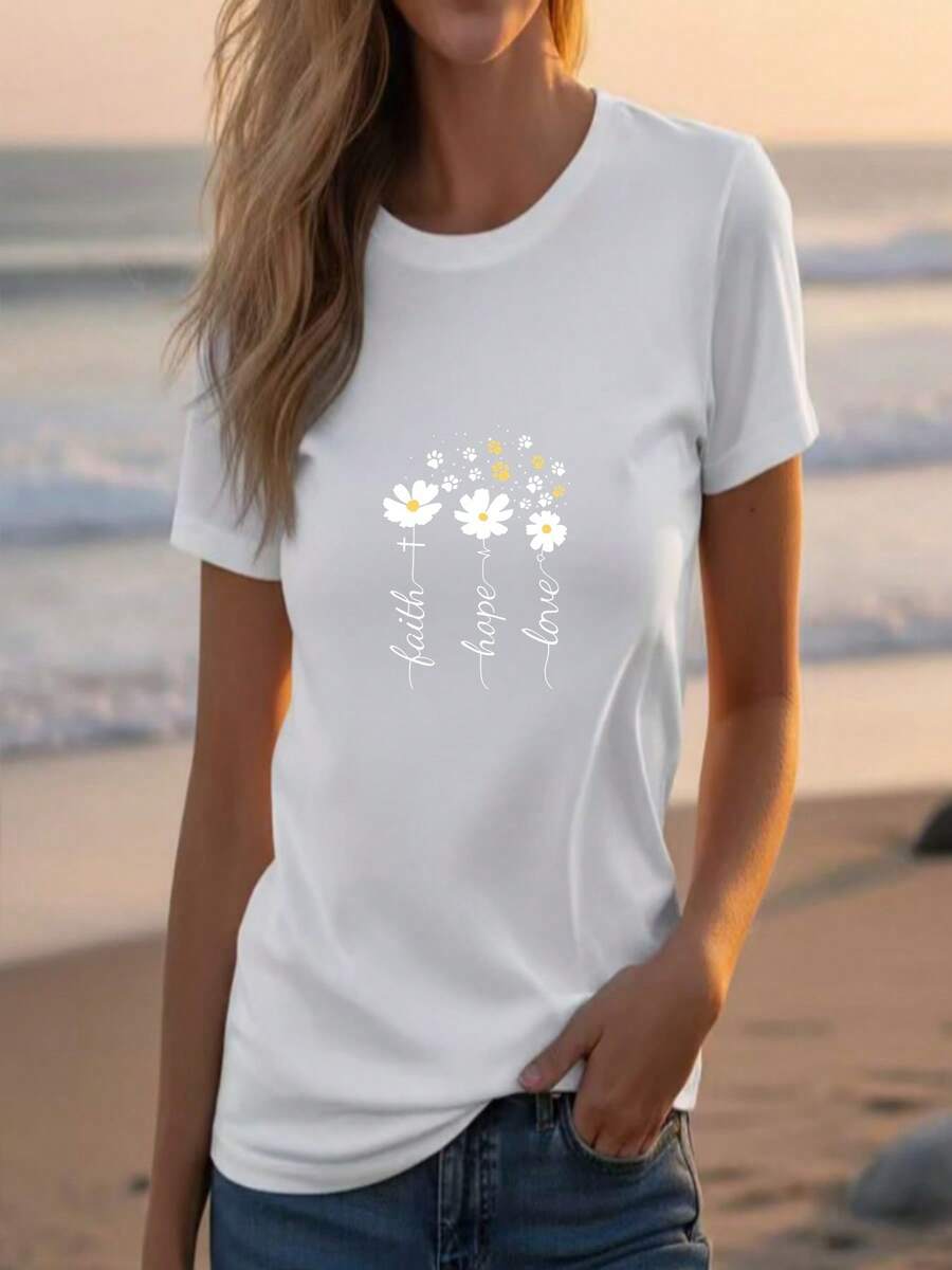 Camiseta casual de algodón para mujer con hombros caídos, estampado floral y de huellas de patas con la frase "Fe, Esperanza, Amor". Bonita camiseta de manga corta con cuello redondo, ideal para la playa y el uso diario. - Blanco - Ver 1