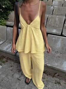 Conjunto de 2 piezas para mujer : Top de camisola elegante y pantalones holgados con cordón, camisola de lino con escote en V profundo y diseño sin espalda, y pantalones de cintura relajada, conjunto sexy, lindo y elegante para el verano - Amarillo - Ver 12