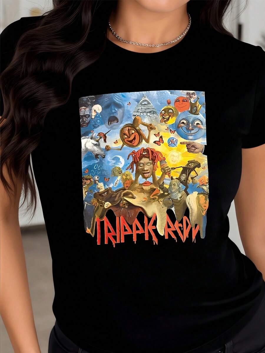 Surreal Fantasy With Cheerful Faces, Smiling Suns, And Mysterious Symbols That Evoke Emotions Of Fun And Mystery. A Modern, Comfortable, And Eye-Catching Women's T-Shirt For Everyday Wear. - 黑色 - 查看 1