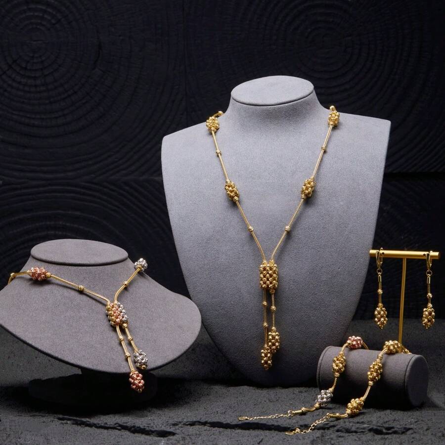 dazzdelic 3pcs Set Italian Crafted Multi-Color Faceted Copper Bead Rectangular Necklace, Bracelet & Earrings, Women Party Wear - 3-piece Set - View 1