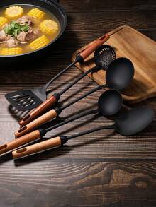 1件木柄重型铁制炊具铲，汤勺，家用炒锅铲，长柄铁铲，烹饪勺 - 彩色 - 查看 6