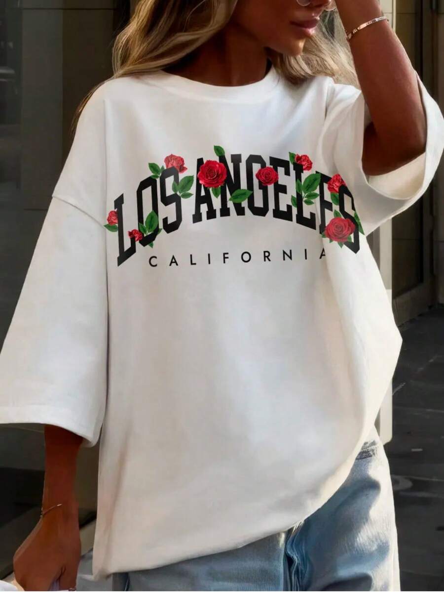 Camiseta Casual Holgada de Verano 2024 para Mujer, de Manga Corta, con Estampado de Letras y Cuello Redondo - Blanco - Ver 1