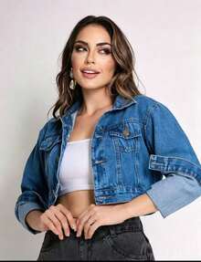 Women's Cropped Denim Jacket With Hem. - Blue - View 1