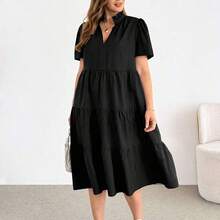 Shapeblank Vestido midi negro básico de manga corta, cómodo y suelto, para uso diario y versátil, de moda casual para mujer talla grande, vestido de verano con bolsillos, vestido elegante - Caqui - Ver 4