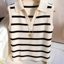 Camiseta de tirantes de punto con cuello y rayas elegante y casual para mujer - Azul - Ver 5