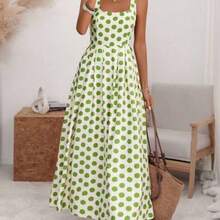 Women's U-Neck Wide Strap Cinched Waist Pleated Back Adjustable Elastic Flared A-Line Midi Dress, Romantic Big Polka Dot, Elegant French Retro Minimalist, Suitable For Office, Commute, Business, Casual, Beach, Spring/Summer - Verde - Ver 1