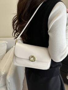 Bolsa de ombro elegante, minimalista e minimalista, com aba assimétrica em cor sólida e estilo vintage. - Bege - Ver 2