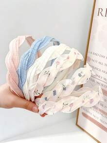 3pcs Soft Linen Woven Floral Plaid Headbands, Elegant Non-Slip Hair Hoops, Suitable For Girls Daily And Spring Outfits - Multicolor - View 2