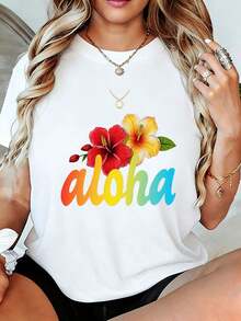 Aloha Rainbow Graphic T-Shirt For Women - Vibrant Tropical Hibiscus Flower Print Summer Short Sleeve T-Shirt, Soft And Breathable Casual Top With A Relaxed Fit, Perfect Beachwear Gift For Best Friend, Mom, Sister - 白色 - 查看 1
