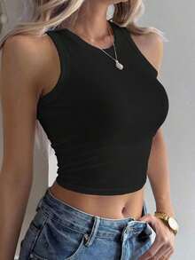 Camiseta de tirantes ajustada de unicolor para mujer, uso diario minimalista y casual - Negro - Ver 3