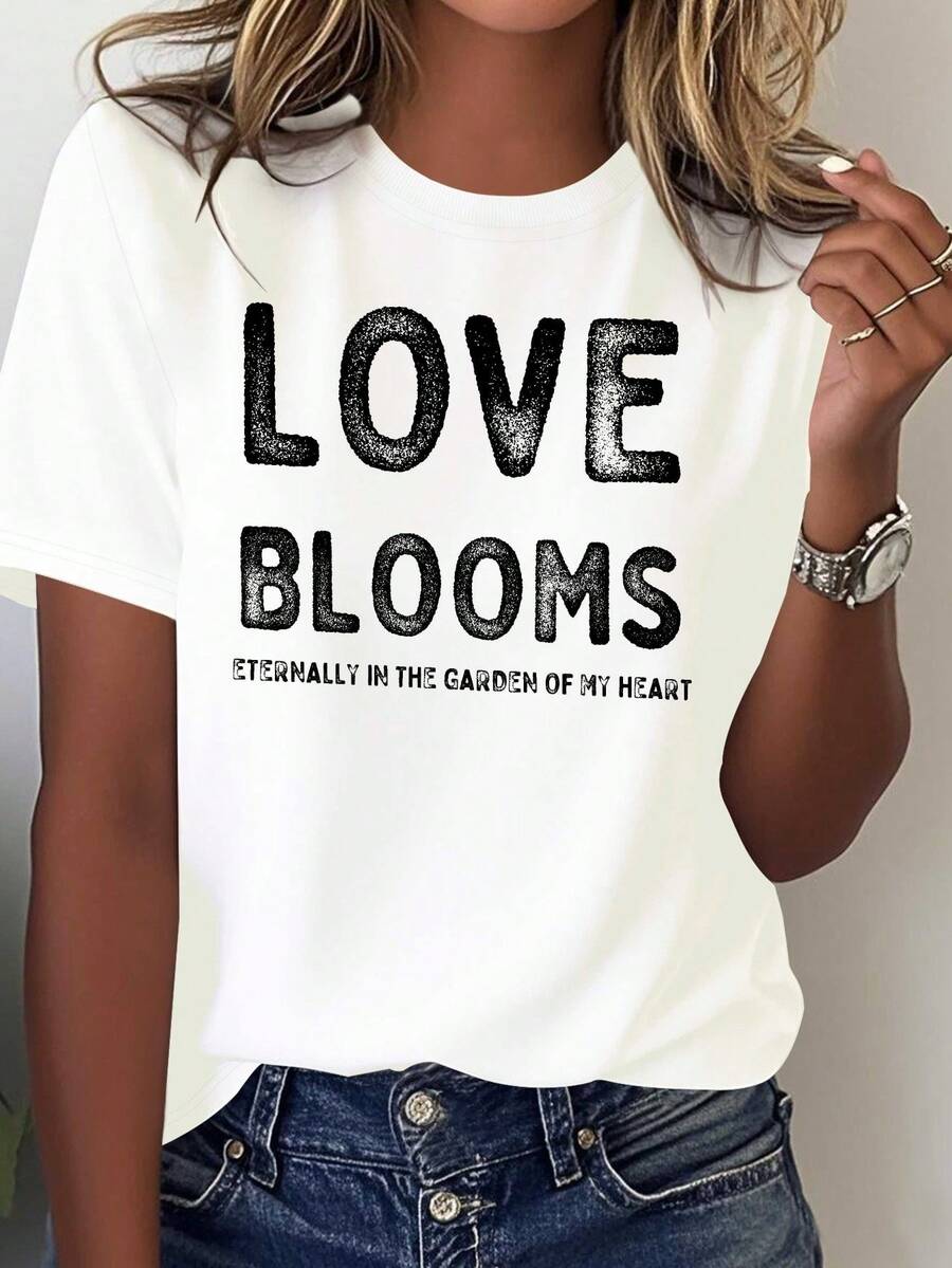 Camiseturara Mujer con Estampado de Eslogan "El Amor Florece Eternamente" y "El Amor Floraci￳ns", Cuello Redondo Casual, Manga Corta, Letras Blancas en Gris - Tejido Suave Transpirable I Para Uso Diario Todo el A￱o (Eslogan El Amor Florida Eterna)