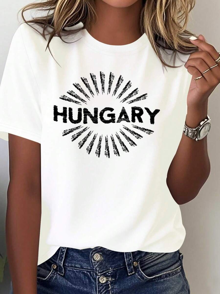 Women's Casual Graphic T-Shirt - "Hungary" Sun Print Design, Soft And Comfortable, Short Sleeve, Round Neck, Suitable For All Seasons, White With Black Text, Casual Wear | Sun Print | Comfortable - 白色 - 查看 1