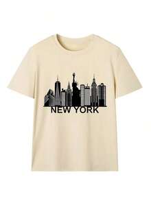 Camiseta de manga corta beige de cuello redondo, holgada y versátil, con estampado gráfico de rascacielos de la ciudad "NEWYORK", estilo casual para vacaciones, ideal para el uso diario en verano. - Albaricoque - Ver 2