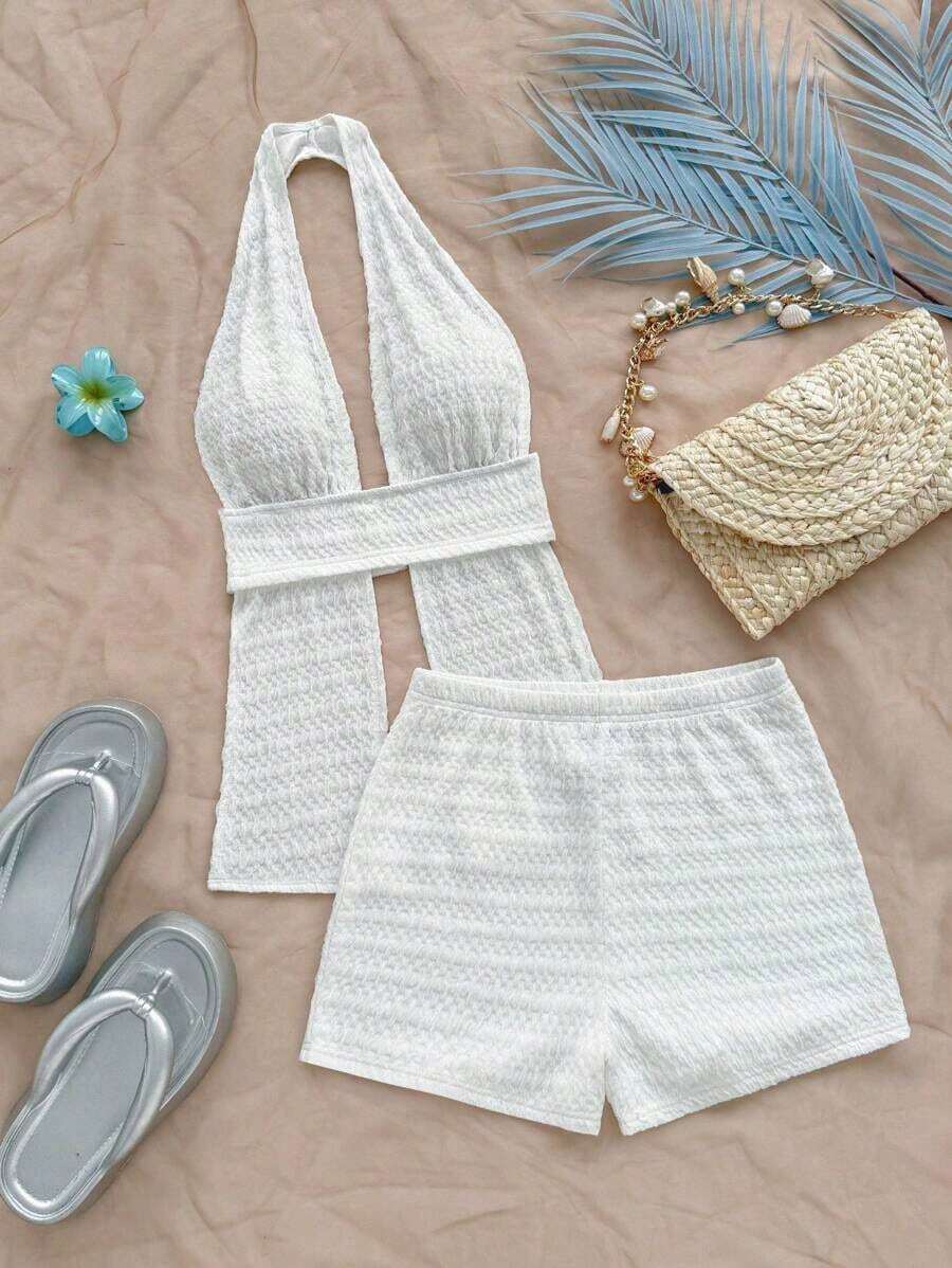 Conjunto de 2 piezas de top halter y shorts de moda para mujer de vacaciones - Blanco - Ver 1