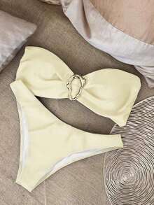 Nuevo conjunto de bikini negro sólido, sexy, elegante, casual, para playa, vacaciones y citas, sin tirantes, para primavera/verano - Blanco - Ver 1