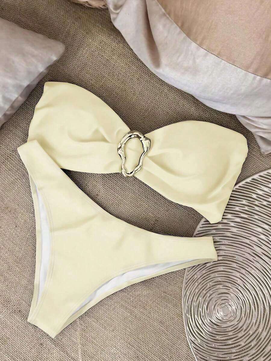 Nuevo conjunto de bikini negro sólido, sexy, elegante, casual, para playa, vacaciones y citas, sin tirantes, para primavera/verano - Blanco - Ver 1