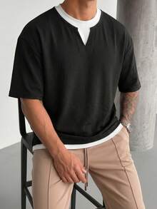 Chinpeno Camiseta de verano para hombre de cuello con muesca, de textura de gofre, de estilo casual elegante, transpirable y de punto con contraste - Negro - Ver 1
