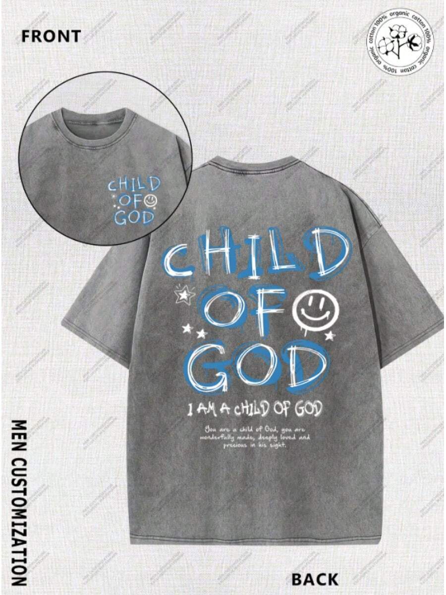 Camiseta vintage lavada, con diseño de graffiti de "Cara de Hijo de Dios", temática cristiana, el material representa la fe en Dios, corte holgado, tela suave - Camiseta unisex de algodón, manga corta, cuello redondo, estilo vintage urbano. - Gris - Ver 1