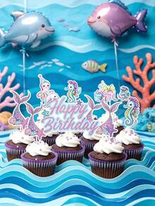 17件套美人鱼蛋糕装饰套装，海洋主题生日快乐甜点装饰签，包含美人鱼、水母、海豚、海马图案，紫色和蓝色纸质装饰，生日和夏季海洋主题派对用品，甜点桌装饰 - 多色 - 查看 5