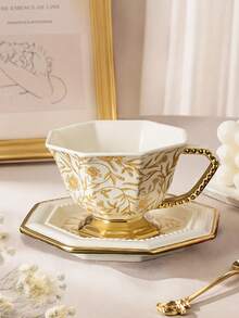 DearDali 1 Set 220ml Vintage Gilded Ceramic Cup & Saucer, European Palace Style Luxury Octagonal Design Gold-Rimmed Mug, Home Decor, Couple/Best Friend Gift, Coffee/Tea Cup - Multicolor - View 5