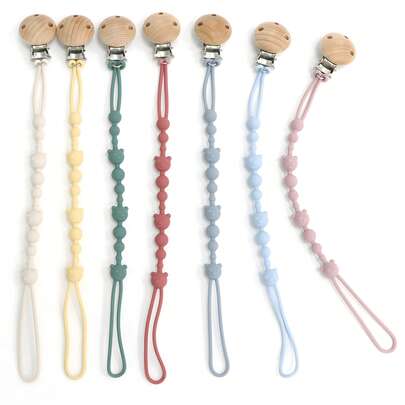 Baby Pacifier Clip With Wooden Clamp, One-Piece Design, Silicone, Chewable, Suitable For Baby Clothes/Stroller/Crib, Baby Gift
