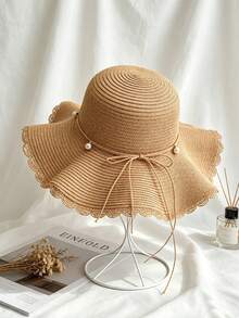 1pc Women's Khaki Wavy Edge Beach Sun Hat With Faux Pearl And Bow Detail, Elegant Beach Travel Vacation Sun Hat - Multicolor - View 7