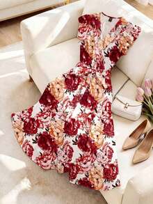 Vestido de verano de mujer con estampado floral elegante, cuello cruzado y volantes en el bajo - Multicolor 2 - Ver 3