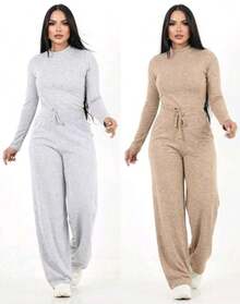 Kit 2 Women's Winter Fashion Set Wide-Leg Pants And Long-Sleeved Shirt - 兩件套裝 - 灰色和米色 - 查看 2